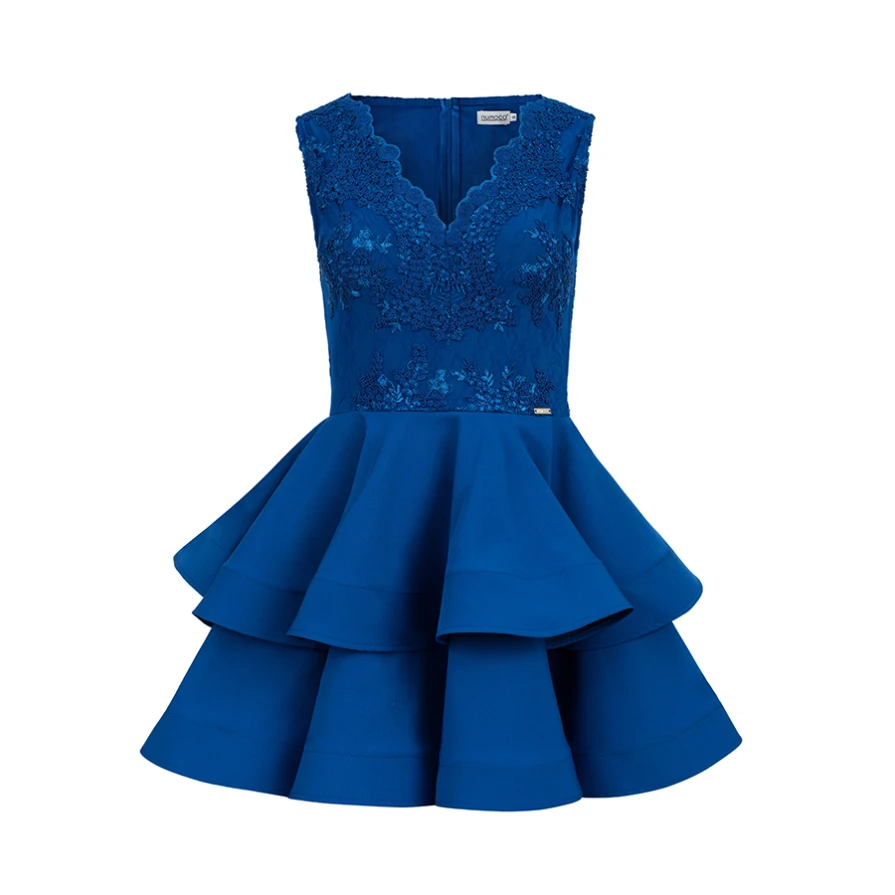 200-7 CHARLOTTE - Exkluzivní šaty s krajkou výstřihem - modrá