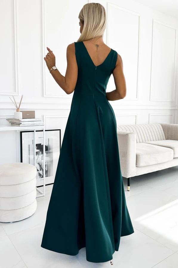 246-5 CINDY dlouhé elegantní šaty s výstřihem - zelené