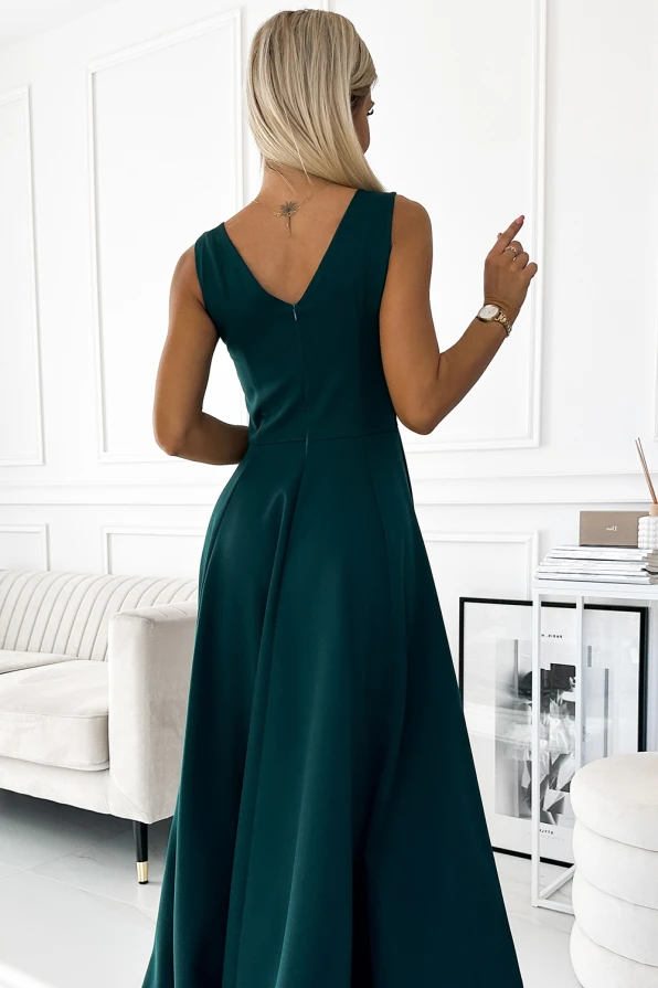 246-5 CINDY dlouhé elegantní šaty s výstřihem - zelené