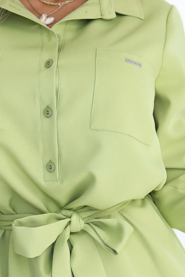 284-3 CAMILLE Košilové šaty s kapsami a zavazováním - olivová barva