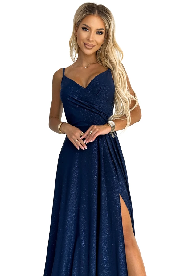 299-10 CHIARA elegantní maxi šaty na ramínka - tmavě modré se třpytkami