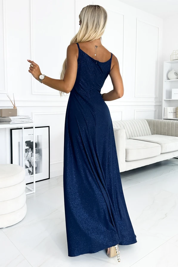 299-10 CHIARA elegantní maxi šaty na ramínka - tmavě modré se třpytkami