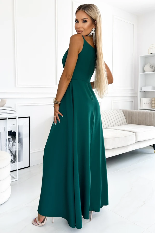 299-11 CHIARA elegantní maxi dlouhé šaty na ramínka - zelené