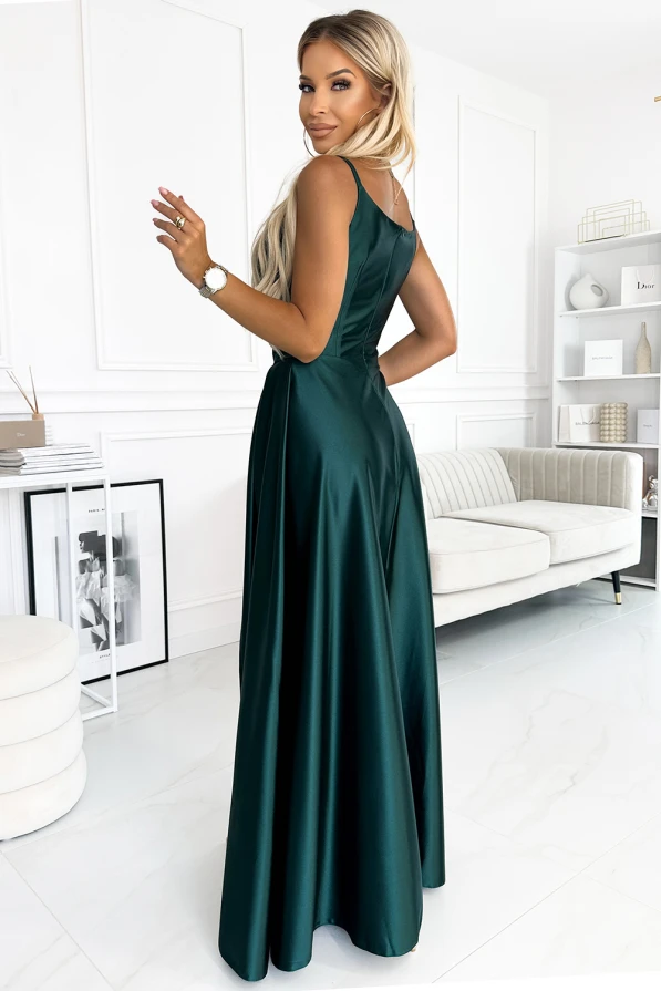 299-9 CHIARA elegantní saténové maxi šaty na ramínka - zelené