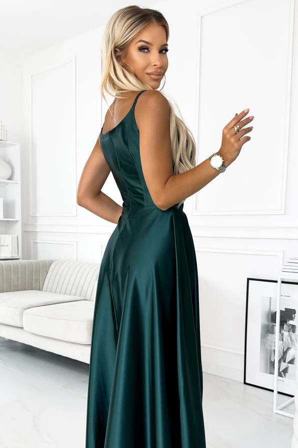 299-9 CHIARA elegantní saténové maxi šaty na ramínka - zelené