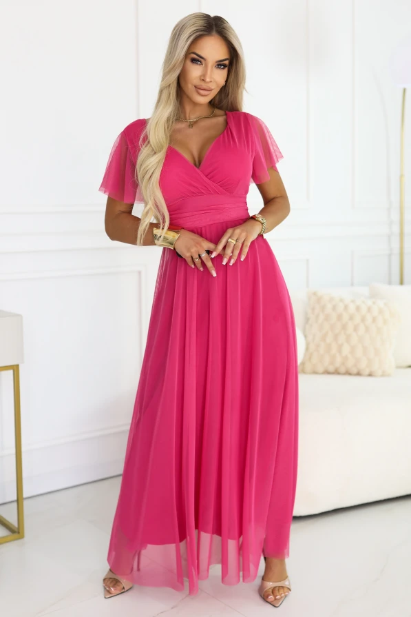 Malinové maxi šaty s tylem, překládaný výstřih do V a lehké rukávky. Elegantní šaty na svatbu, první svaté přijímání a oslavy.