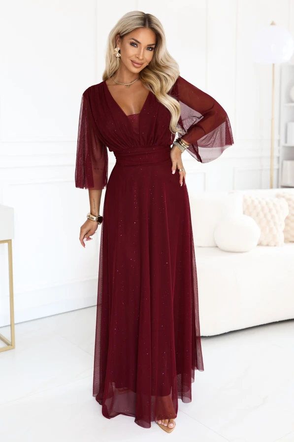 Bordové maxi šaty plus size Numoco Basic s třpytivým tylem, zavinovacím výstřihem a vzdušnými rukávy 3/4