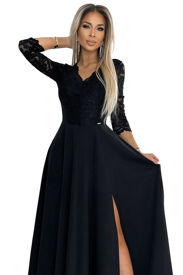309-11 AMBER krajkové, elegantní dlouhé šaty s výstřihem a rozparkem u nohavic - černé