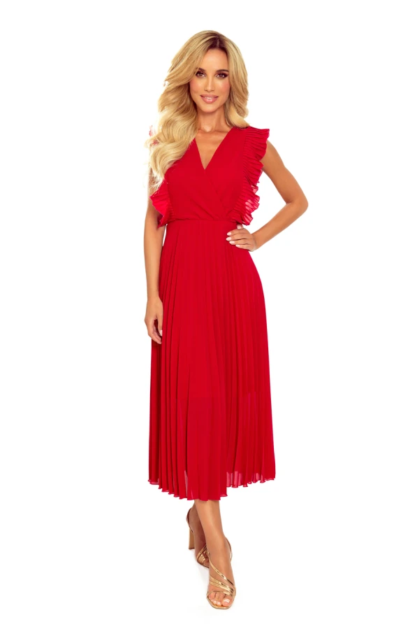 315-3 EMILY Plisované šaty s volánky a výstřihem - Červené