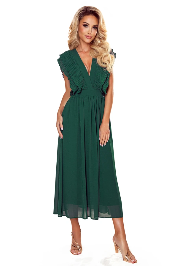 367-1 YANA Midi šaty s řasením a výstřihem - zelené