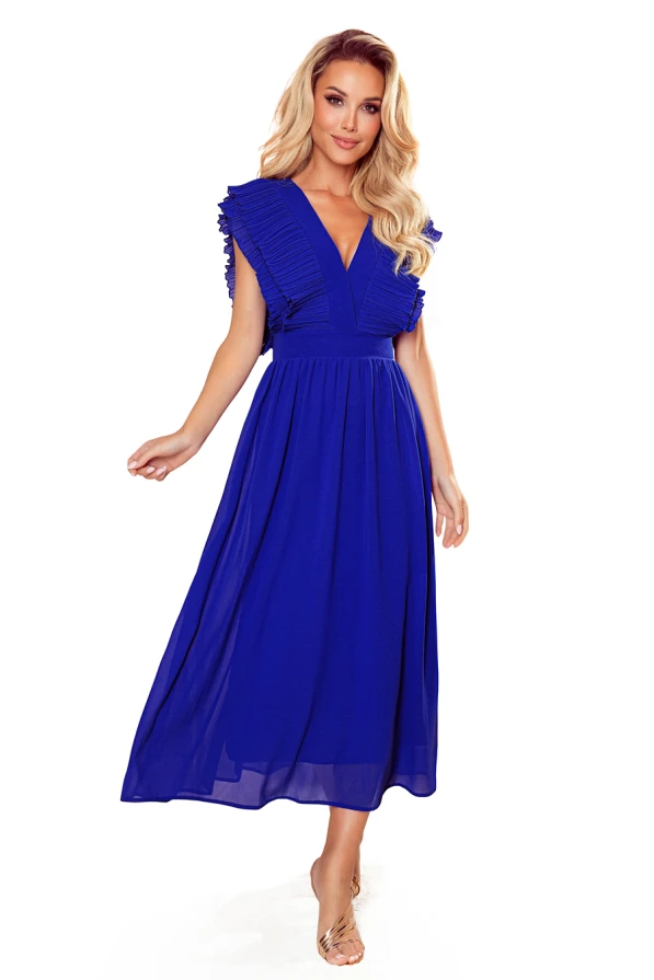 367-2 YANA Midi šaty s řasením a výstřihem - modré