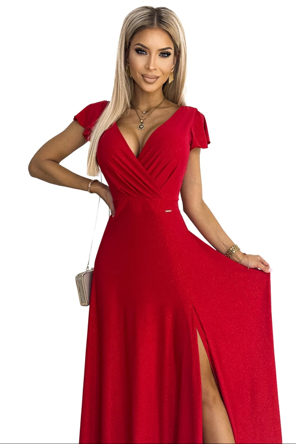411-2 CRYSTAL třpytivé dlouhé šaty s výstřihem - Červené