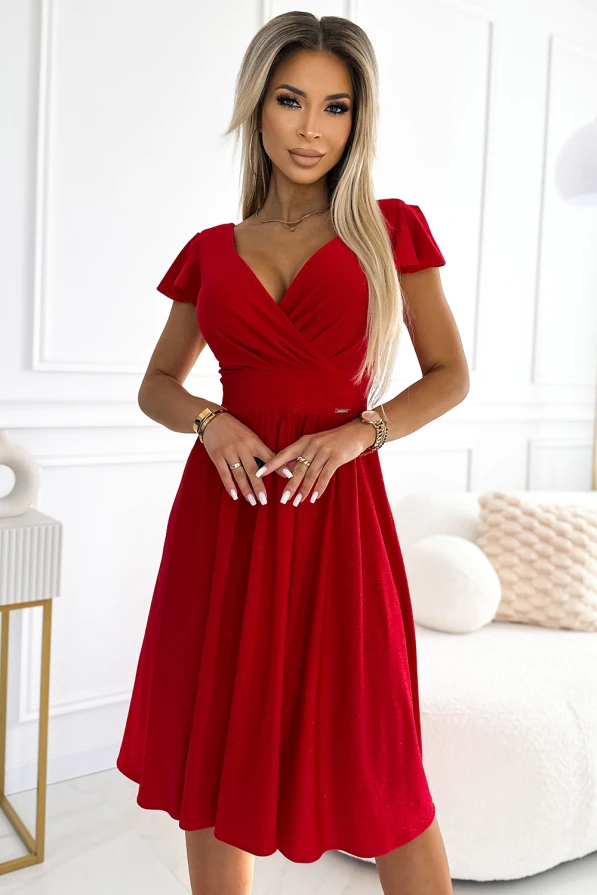 MATILDE Šaty s výstřihem a krátkým rukávem - červená se třpytkami