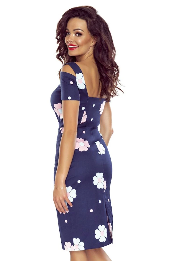440-3 Elegantní šaty s krátkým rukávem - tmavě modrá s květinami