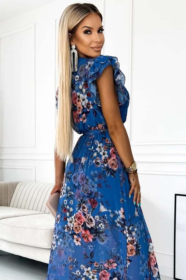 473-1 ARIA Dlouhé šaty s výstřihem a krátkým rukávem - modré s květinami