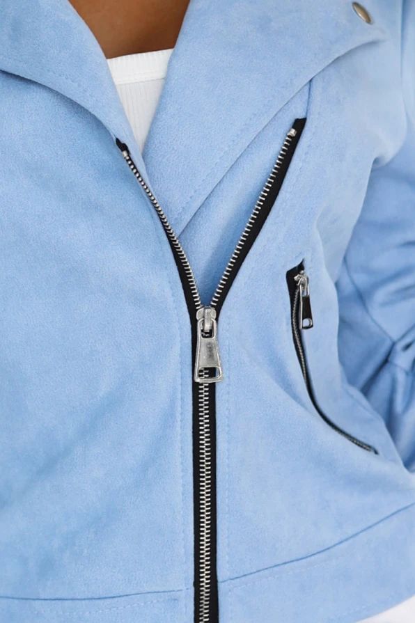 481-3 Semišová motorkářská bunda s dlouhým rukávem a zipy - světle modrá