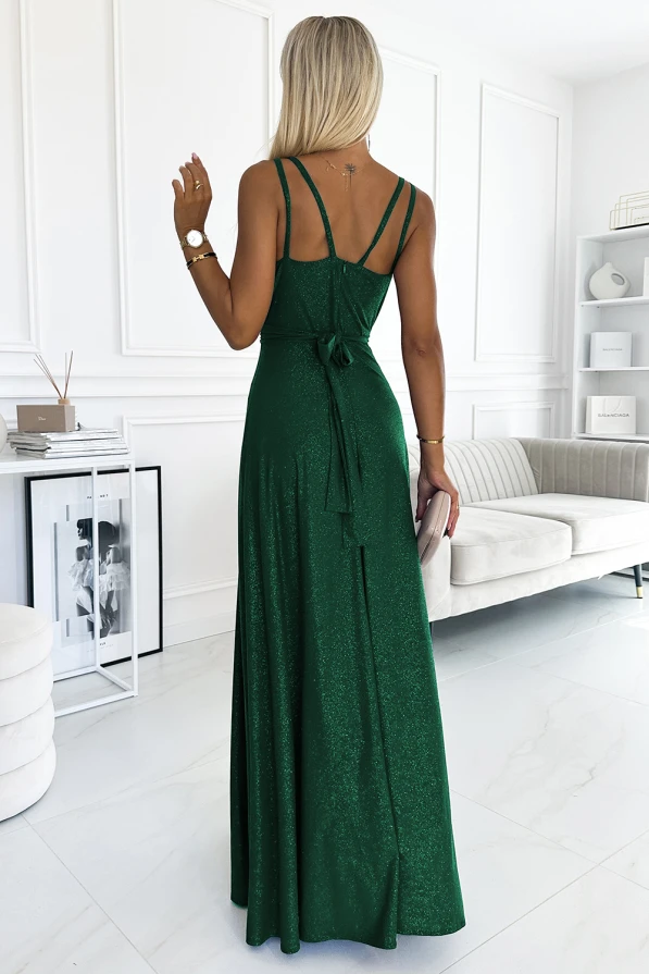 498-2 Dlouhé šaty s výstřihem a dvojitými ramínky - zelené se třpytkami
