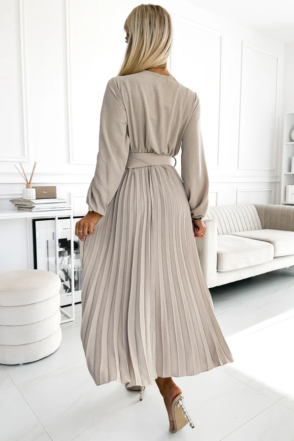 504-2 VIVIANA Plisované midi šaty s výstřihem, dlouhým rukávem a širokým páskem - béžová barva