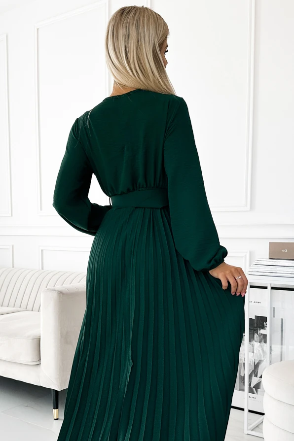 504-3 VIVIANA Plisované midi šaty s výstřihem, dlouhým rukávem a širokým páskem - zelené