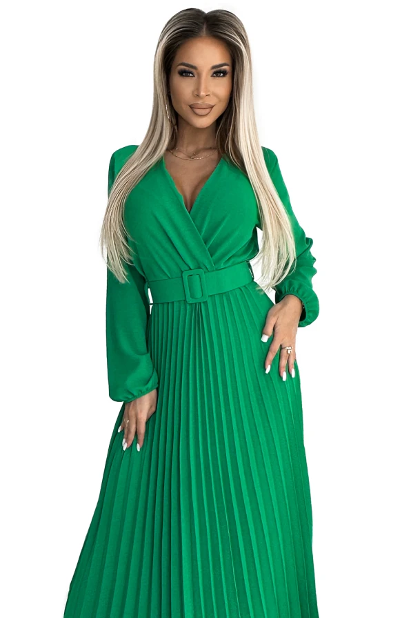 504-4 VIVIANA Plisované midi šaty s výstřihem, dlouhým rukávem a širokým páskem - světle zelená