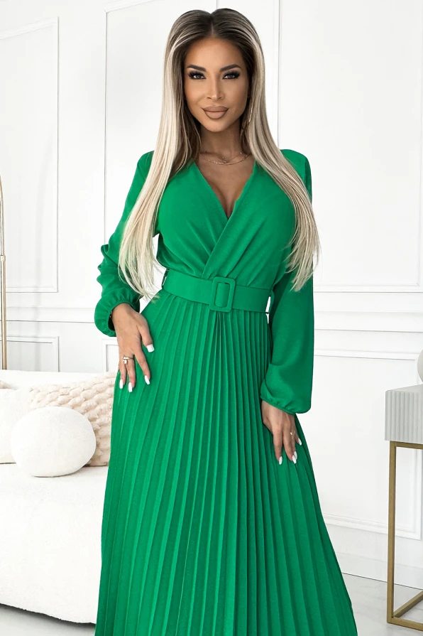 504-4 VIVIANA Plisované midi šaty s výstřihem, dlouhým rukávem a širokým páskem - světle zelená