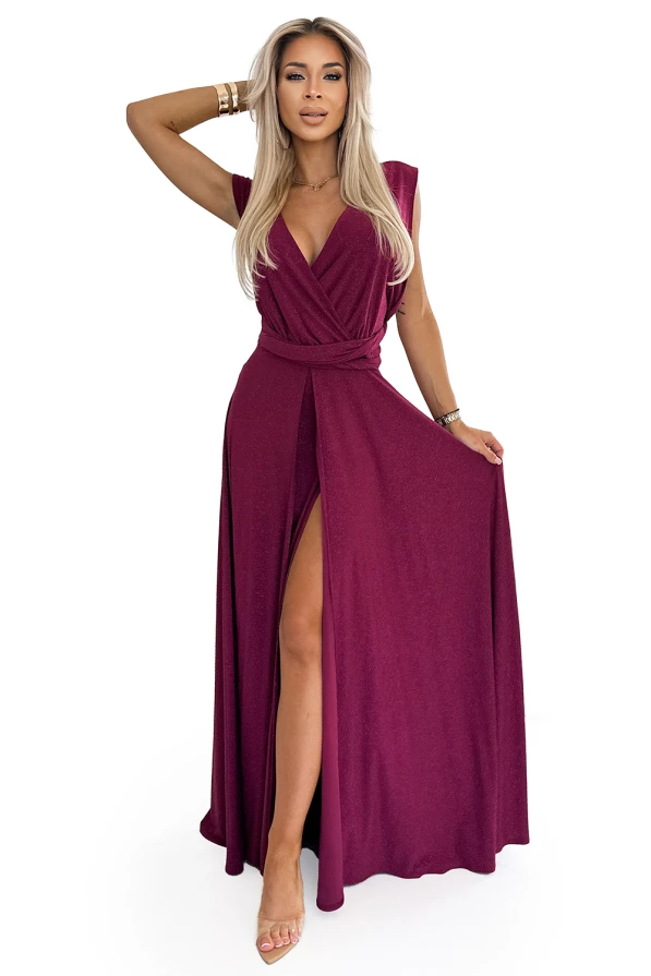 509-3 Elegantní dlouhé šaty se zavazováním na mnoho způsobů - vínová se třpytkami