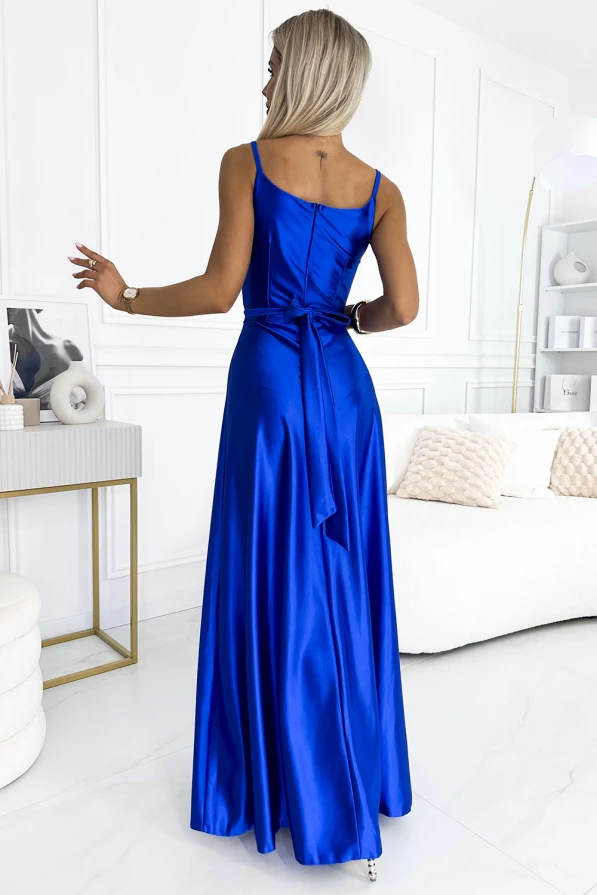 512-4 JULIET elegantní dlouhé saténové šaty s výstřihem a rozparkem u nohavic - modré