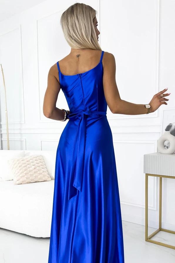 512-4 JULIET elegantní dlouhé saténové šaty s výstřihem a rozparkem u nohavic - modré