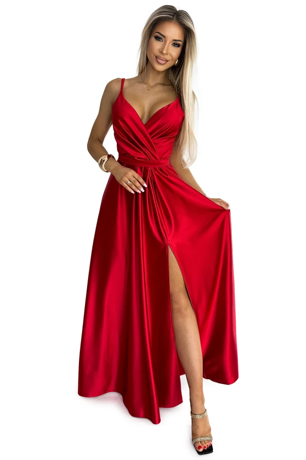 512-5 JULIET elegantní dlouhé saténové šaty s výstřihem a rozparkem u nohavic - červené