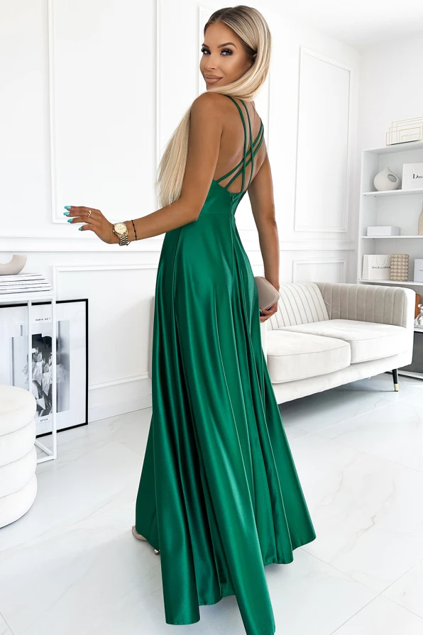 513-1 LUNA elegantní dlouhé saténové šaty s výstřihem a překříženými ramínky - zelené