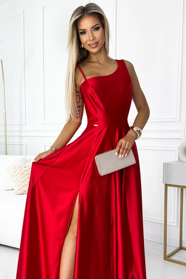 524-1 Dlouhé elegantní saténové šaty na jedno rameno - červené