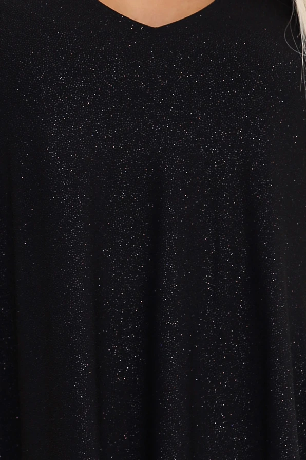 LIVIA Elegancka trapezowa sukienka z rękawami typu motyl - czarna z brokatem