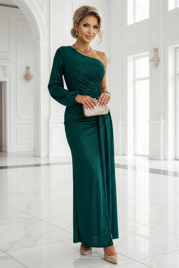 Elegancka wieczorowa suknia w odcieniu butelkowej zieleni, dopasowana, z jednym rękawem i rozcięciem – model Numoco idealny na studniówkę i galę.